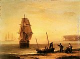 Bay Wall Art - Fishermen unloading the catch with a merchant ship in calm water off Brymer Bay, Devon